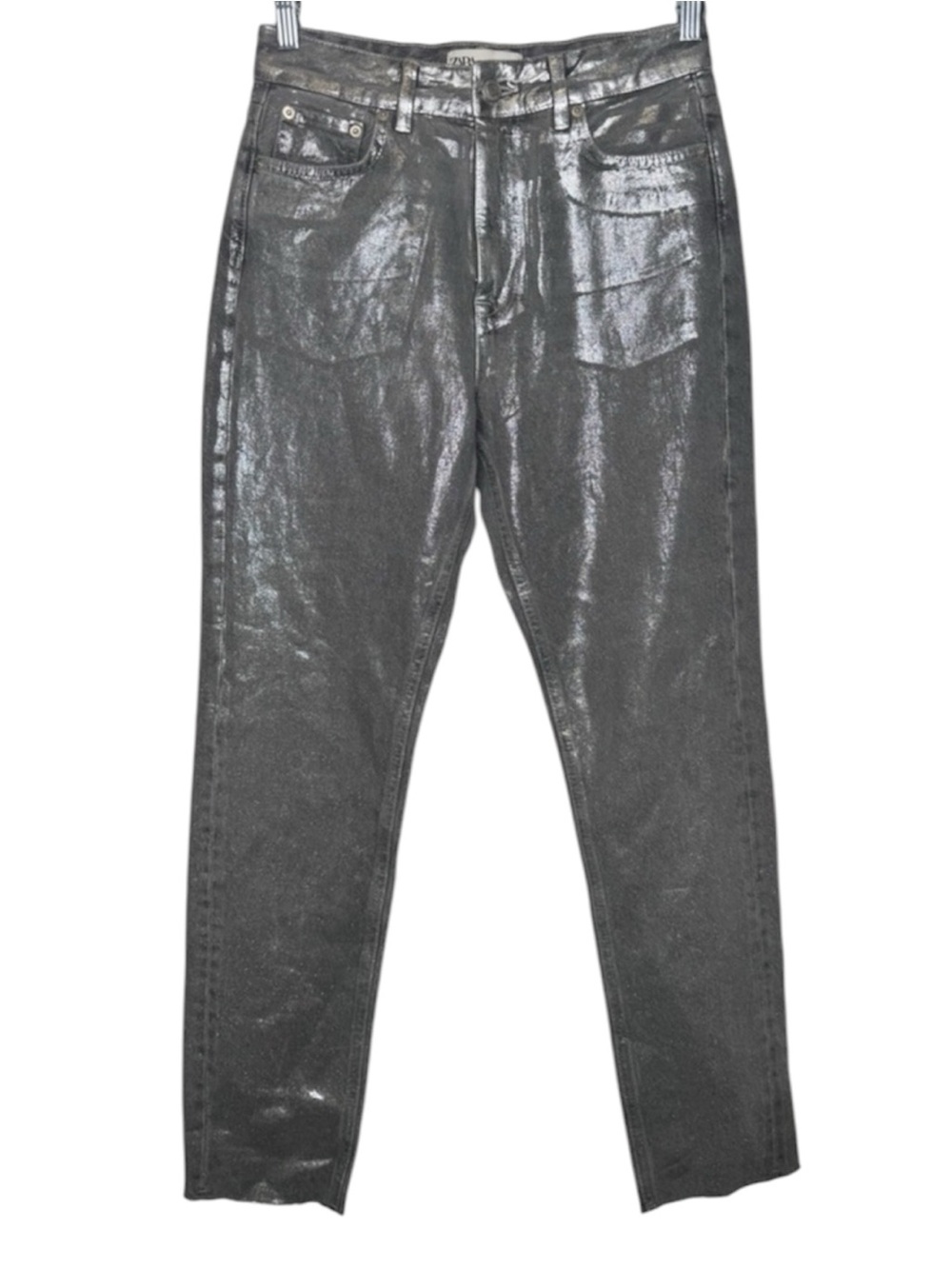 Zara Metallic Silver Foil High Rise Straight Leg Jeans Y2K Festival Raw Hem Sz 4